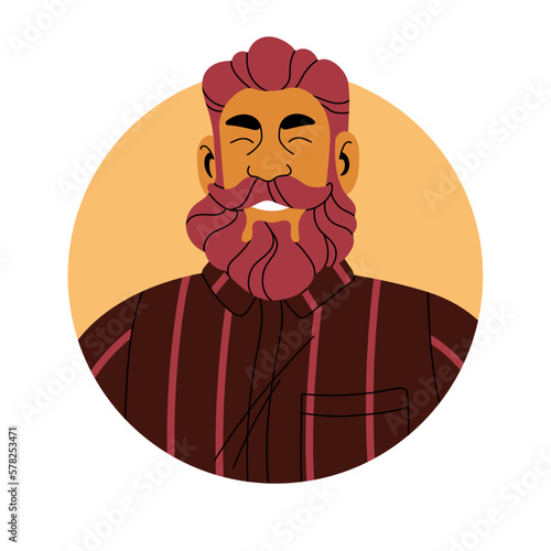 Bearded man face avatar. Happy smiling male character with moustache, head portrait. Cheerful stylish modern person with trendy hairstyle. Flat vector illustration isolated on white background