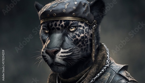 Punk animals. Panther with punk aesthetic. Panther dressed as punk. Panther with punk accessories. Generated by AI. 