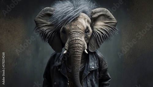 Punk animals. Elephant with punk aesthetic. Elephant dressed as punk. Elephant with punk accessories. Generated by AI.  © Moon Project