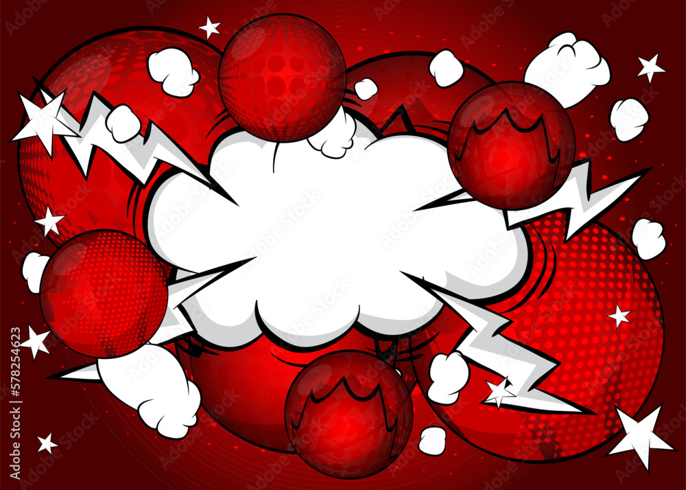 Red and white comic book poster with spheres. Comics Presentation with ...