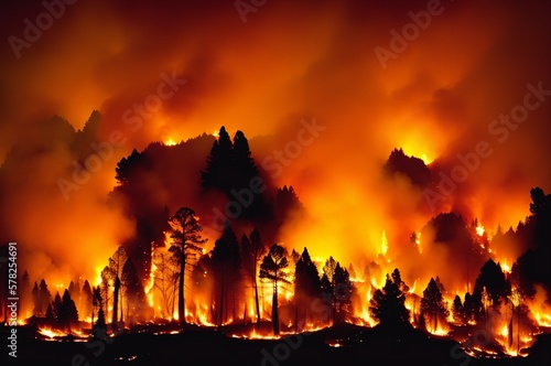 Forest fire: A forest is burning strongly. Fire and smoke can be seen everywhere.