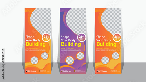 Build your body strong Fitness gym business standee x rollup banner design with three variant vector template