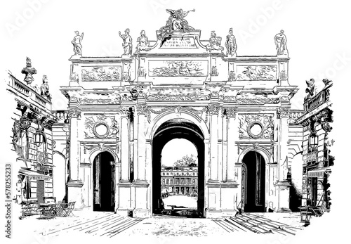 Nancy Arc De Triomphe. Arc Héré or Porte Héré, a triumphal arch located in the city of Nancy, France, ink sketch illustration.