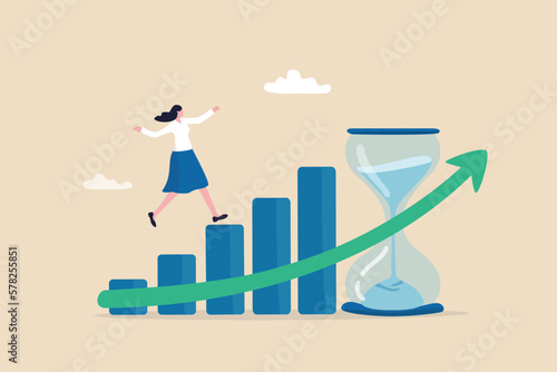 Time value of money, long term investment, business growth or success growing business, make profit or investment gain concept, woman walk up growth rising up graph with sandglass metaphor of time.