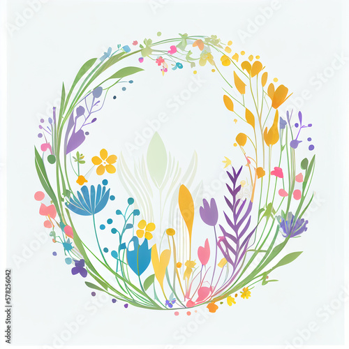 Spring color floral wreath background. Circle border for design and text. Generative AI