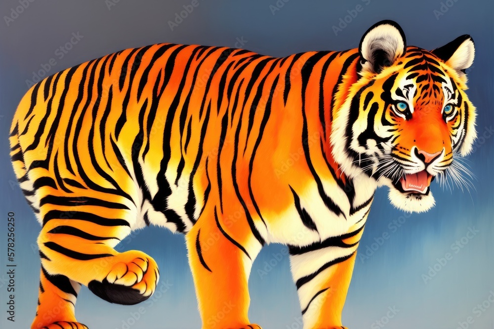 Obraz premium Digital painting of Beautiful tiger relaxing on warm day, Colorful magic tiger, cartoon style drawing, generative ai art illustration