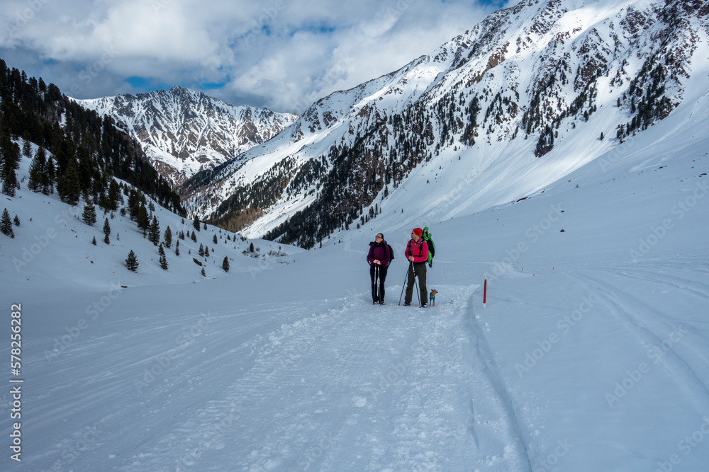Couple with a small dog hiking in the snowy Austrian alps Couple with a small dog hiking in the snowy Austrian alps
