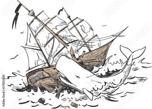 The legendary White Sperm Whale attacks the ship. A mythical monster that sunk a sailboat. Vector illustration in engraving style. Composition based on the legends of sailors. photo