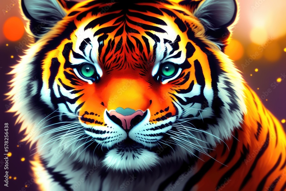 Digital painting of Beautiful tiger relaxing on warm day, Colorful magic tiger, cartoon style drawing, generative ai art illustration Digital painting of Beautiful tiger relaxing on warm day, Colorful magic tiger, cartoon style drawing, generative ai art illustration