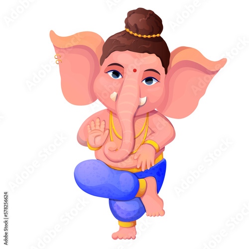 Little cute Ganesh, religious traditional god elephant blue color in cartoon character isolated on white background.