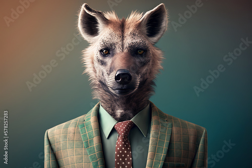 Portrait of a hyena dressed in a formal business suit, character, generative ai photo