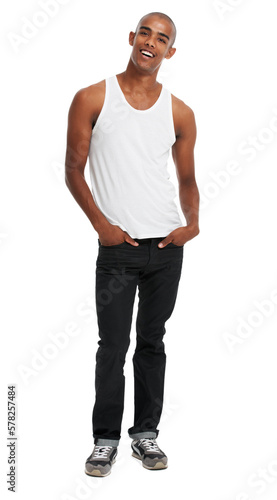 Fashion, stylish and portrait of black man with a smile for clothing, confidence and happiness. Happy, cool and an African clothes model with confident body language in Germany on a white background