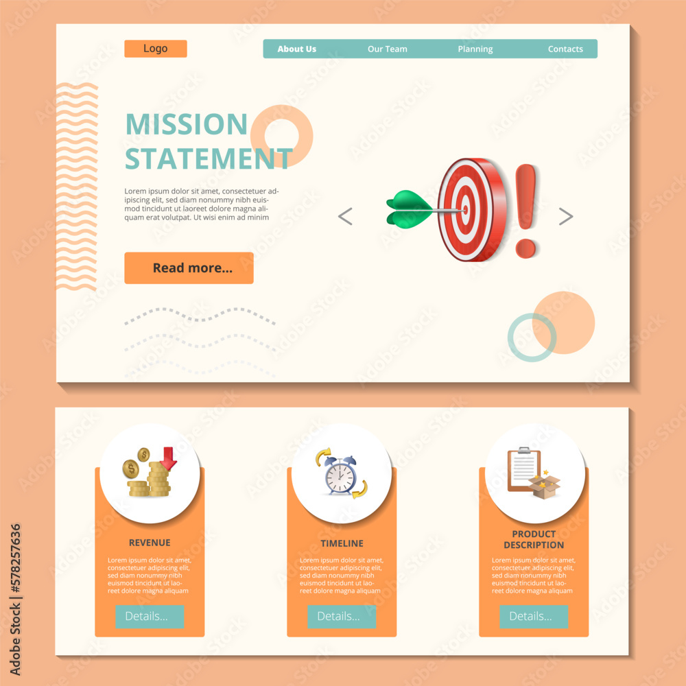 Mission statement flat landing page website template. Revenue, timeline, product discription. Web banner with header, content and footer. Vector illustration. Mission statement flat landing page website template. Revenue, timeline, product discription. Web banner with header, content and footer. Vector illustration.