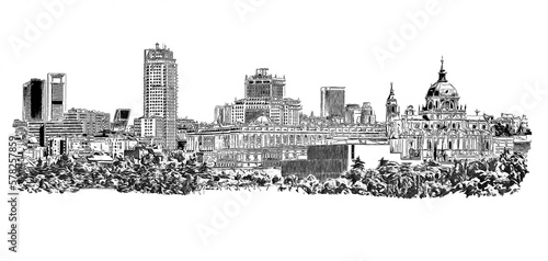 Madrid, Spain downtown skyline, ink sketch illustration.