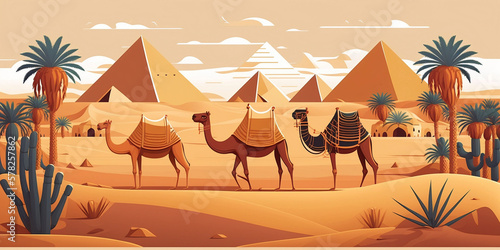 Egypt pyramids, cheops kefren and menkaure with camels in vector image photo