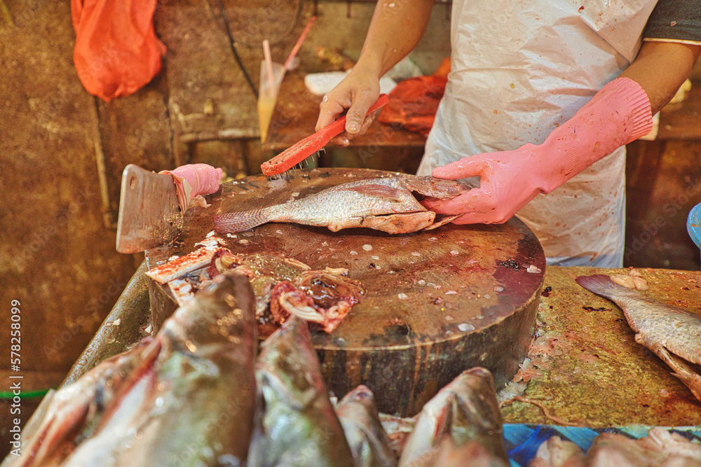 A fishmonger in Chow Kit Road Market in Kuala Lumpur, Malaysia closely while cleaning the fish. The market was a bustling center of commerce, full of shoppers.