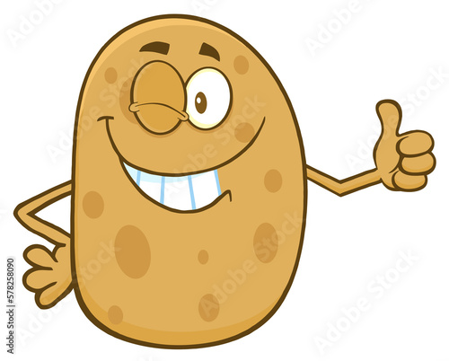 Smiling Potato Character Winking And Giving A Thumb Up. Hand Drawn Illustration Isolated On Transparent Background