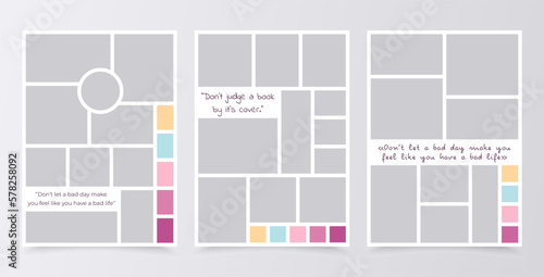 Collage template. Moodboard layout. Mood board background. Mosaic pictures album grid. Scrapbook images. Set photo frames. Vertical poster design with colour palette and quote. Vector illustration