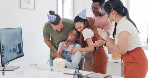 Birthday, celebration and team or office people for love, congratulations and success for creative, fun work culture. Announcement, clapping and celebrate employees or black woman promotion with cake