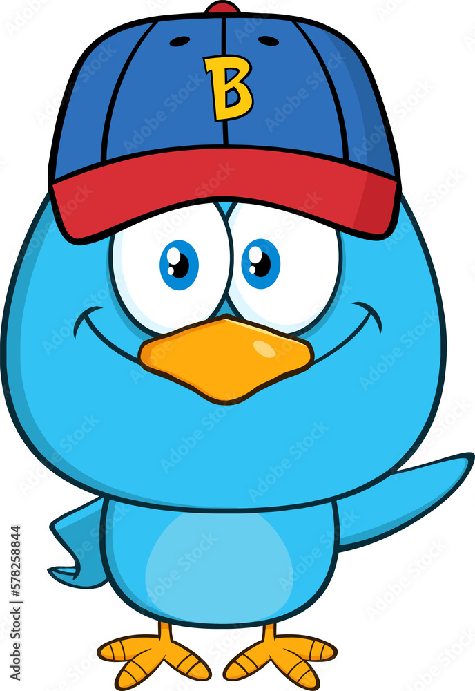 Smiling Blue Bird Cartoon Character With Baseball Hat Waving. Hand Drawn Illustration Isolated On Transparent Background Smiling Blue Bird Cartoon Character With Baseball Hat Waving. Hand Drawn Illustration Isolated On Transparent Background