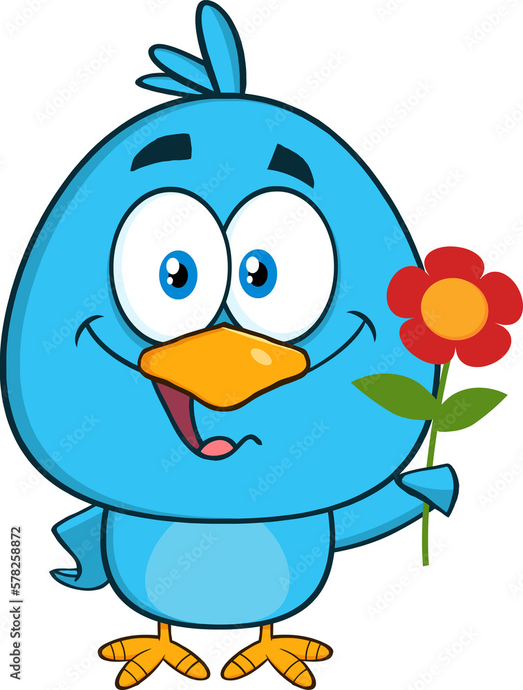 Happy Blue Bird Cartoon Character With A Red Daisy Flower. Hand Drawn Illustration Isolated On Transparent Background Happy Blue Bird Cartoon Character With A Red Daisy Flower. Hand Drawn Illustration Isolated On Transparent Background