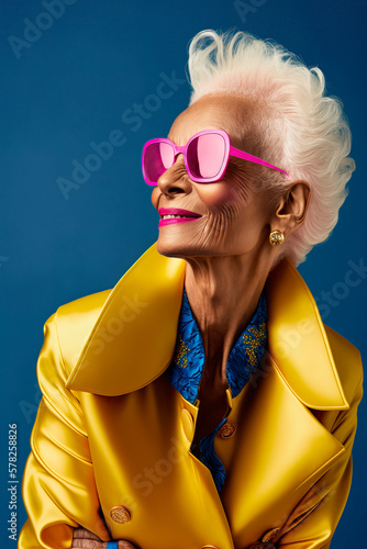 fashion model wearing sunglasses, Portrait of an old woman with a modern and bold look with vivid colors, image created with ia photo