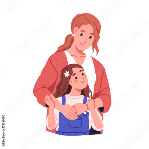 Mother and daughter hugging. Happy mom and little girl, kid embracing together. Support, love, care in supportive family relationship concept. Flat vector illustration isolated on white background