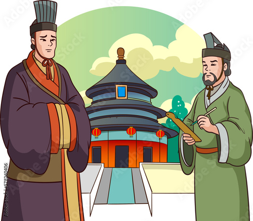 Japanese, Chinese, Mongolian Khan. Eastern warrior sitting in lotus position on the ground. Oriental man in helmet and with bow and sword. Cartoon cute character. Isolated
