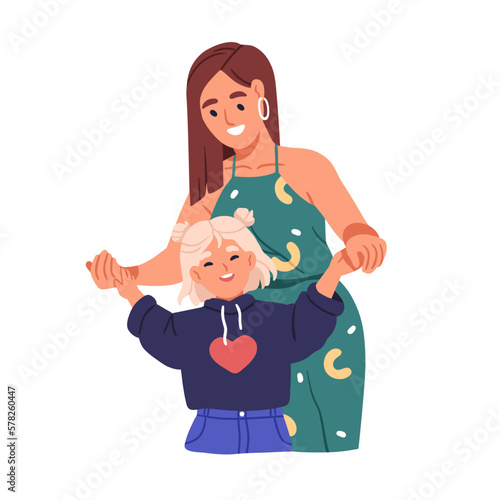Happy mother and daughter. Mom and girl kid having fun together. Positive joyful woman parent and joyous singing little child rejoicing. Flat vector illustration isolated on white background