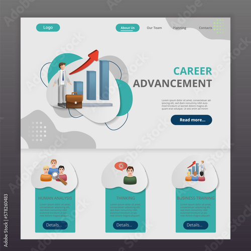 Career advancement flat landing page website template. Human analysis, thinking, business training. Web banner with header, content and footer. Vector illustration.