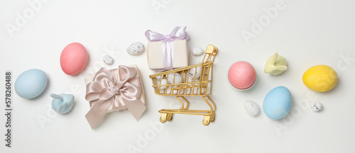 Concept of Easter shopping, holidays shopping concept, top view