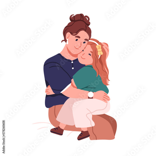 Hugging mother and daughter. Happy mom and girl child embracing. Cute kid sitting on mum knees, cuddling woman parent with love, support, care. Flat vector illustration isolated on white background