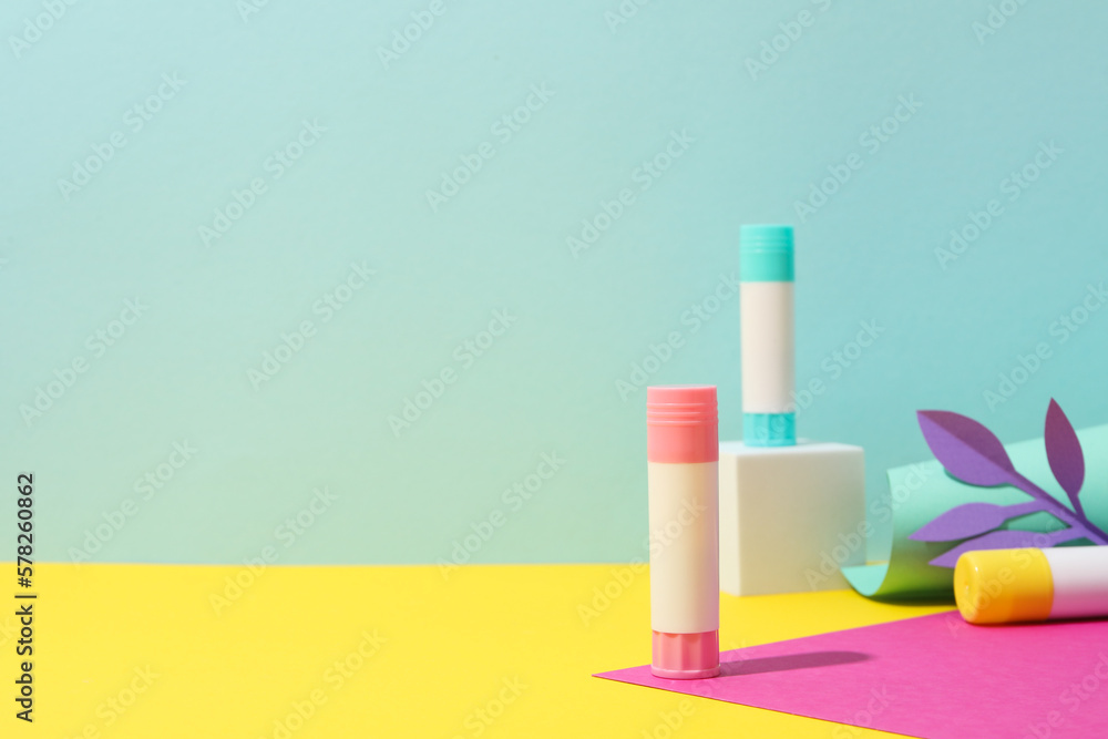 Concept of different office stationery with glue Concept of different office stationery with glue