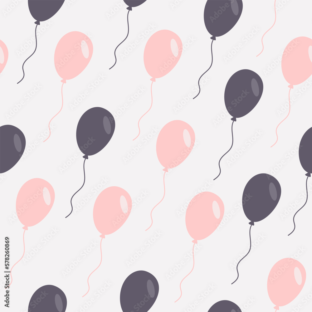 Seamless pattern in vector with pink and dark grey helium balloons for festive decoration
