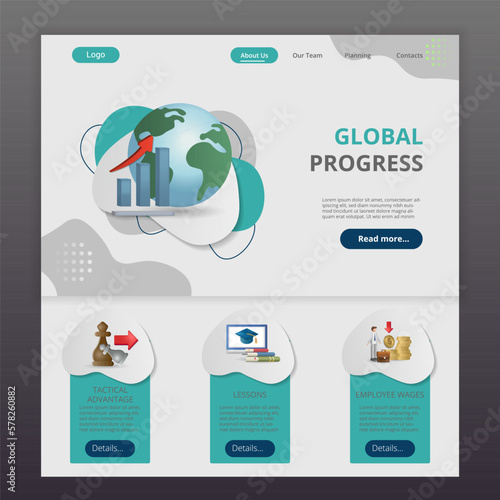 Global progress flat landing page website template. Tactical advantage, lessons, employee wages. Web banner with header, content and footer. Vector illustration.