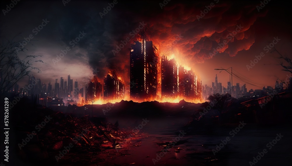 AI artwork of cityscape with burning buildings after disaster
