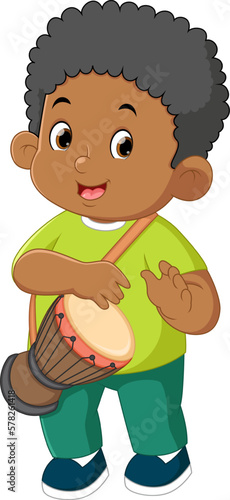 a cute african boy learns to play the bongo instrument