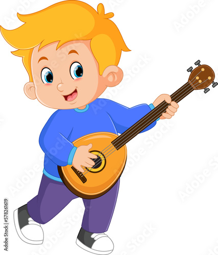 a cute boy dancing and playing a mandolin instrument