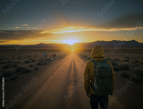 A man walking alone in the desert and watching the sun set
