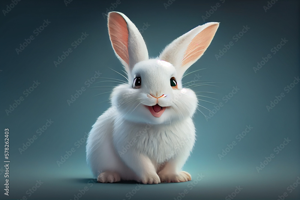 Fototapeta premium Cute white rabbit. Smiling fluffy bunny portrait. Generative AI