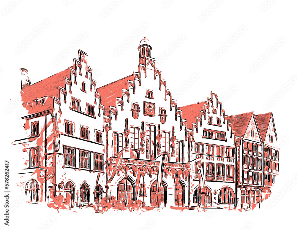 Facades of medieval houses in the old town of Frankfurt am Main, Germany. Romer Town Square, one of the most important landmarks of the city, color illustration.