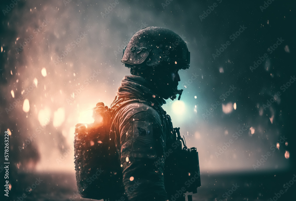 Soldat mit Helm und Uniform im Krieg oder Kriegsgebiet - Generative AI Illustration