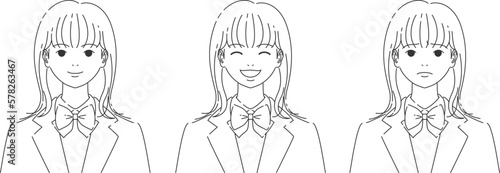 色んな表情の女子高生の正面の顔セットA｜線のみ