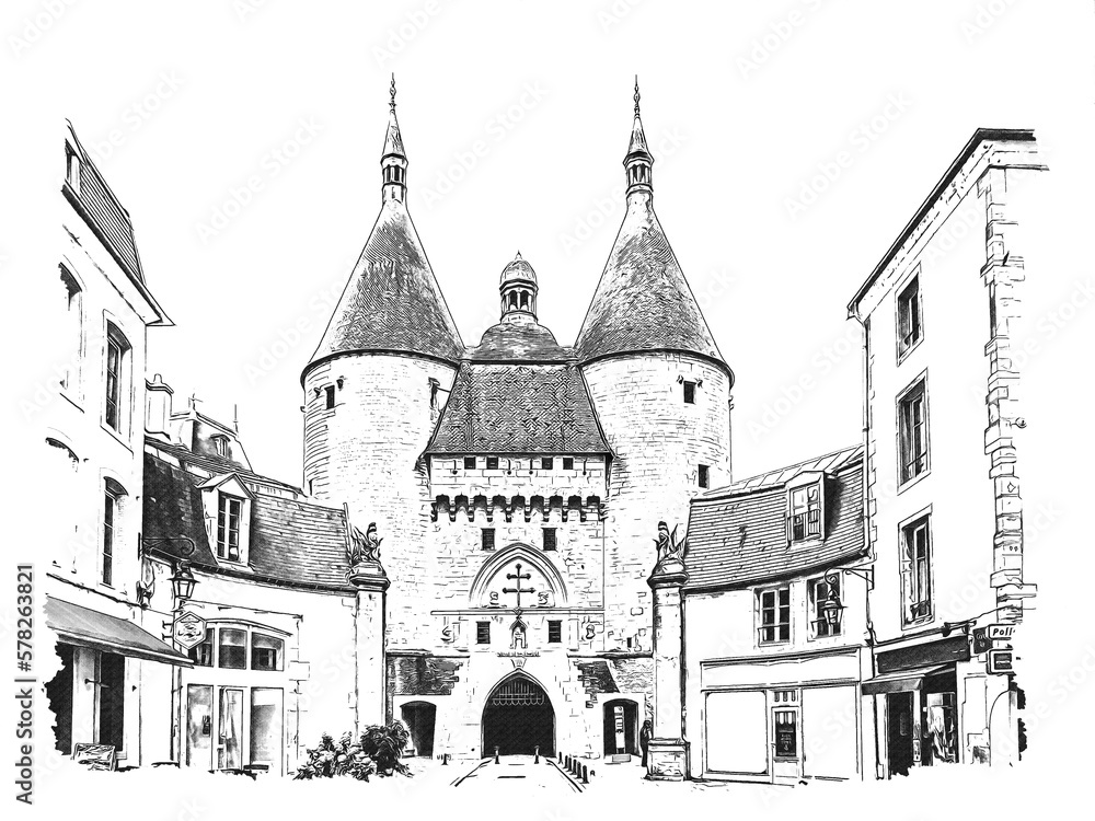 The Craffe Gate in Nancy, France, ink sketch illustration.