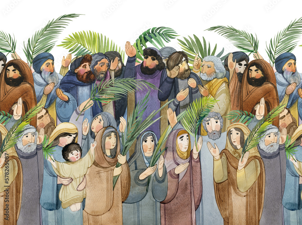 Palm Sunday, painted in watercolor, people with palm branches