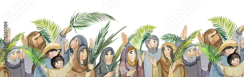 hand drawn Palm Sunday seamless border, people with palm branches rejoicing and glorifying God. For religious publications, Christian designs photo