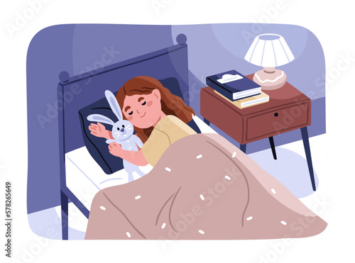 Cute child sleeping with plush toy in bed. Happy calm kid dreaming in bedroom at night. Smiling sleepy girl lying, relaxing on pillow under cozy blanket, hugging bunny. Flat vector illustration