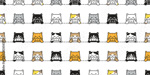 cat seamless pattern calico sitting vector kitten smiling breed neko cartoon character pet tile background repeat wallpaper scarf isolated illustration doodle design