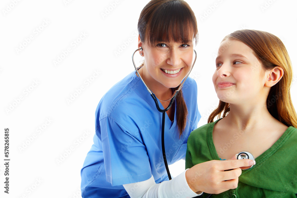 Woman, stethoscope and child consulting nurse in studio isolated on a white background mockup. Face portrait, healthcare and cardiologist or happy female pediatrician checking heart health of girl. Woman, stethoscope and child consulting nurse in studio isolated on a white background mockup. Face portrait, healthcare and cardiologist or happy female pediatrician checking heart health of girl.
