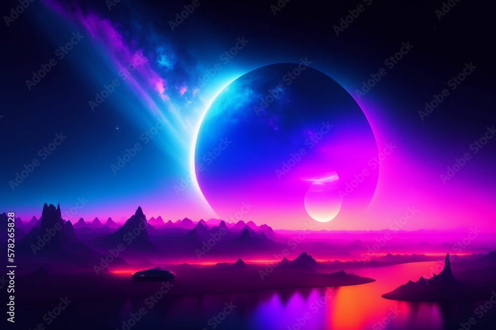 Generative AI, Generative, AI, planet in space, extraterrestrial landscape under the night sky. abstract neon background, rock reflection on water